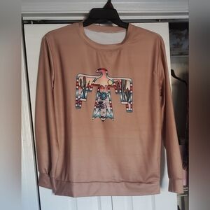 Women's Small Native/Aztec Graphic Crew Neck Sweatshirt, Tan/Brown Long Sleeve